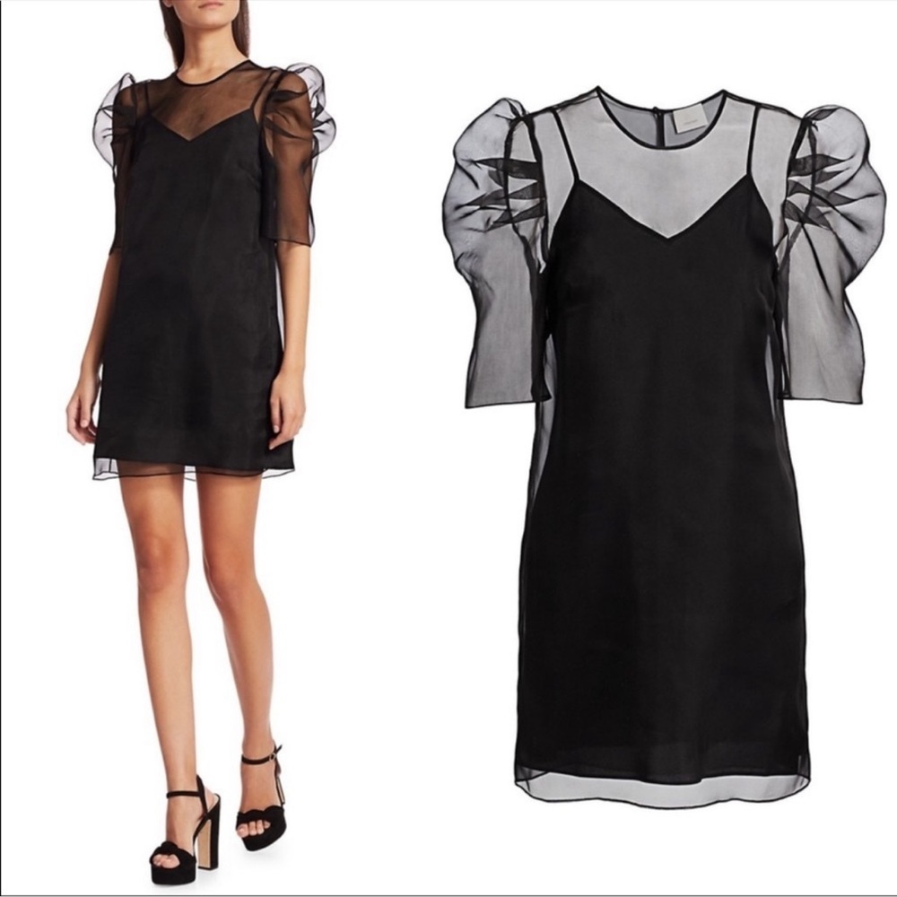 CINQ À SEPT Erin Puff Sleeve Organza Mini Dress in Black size S